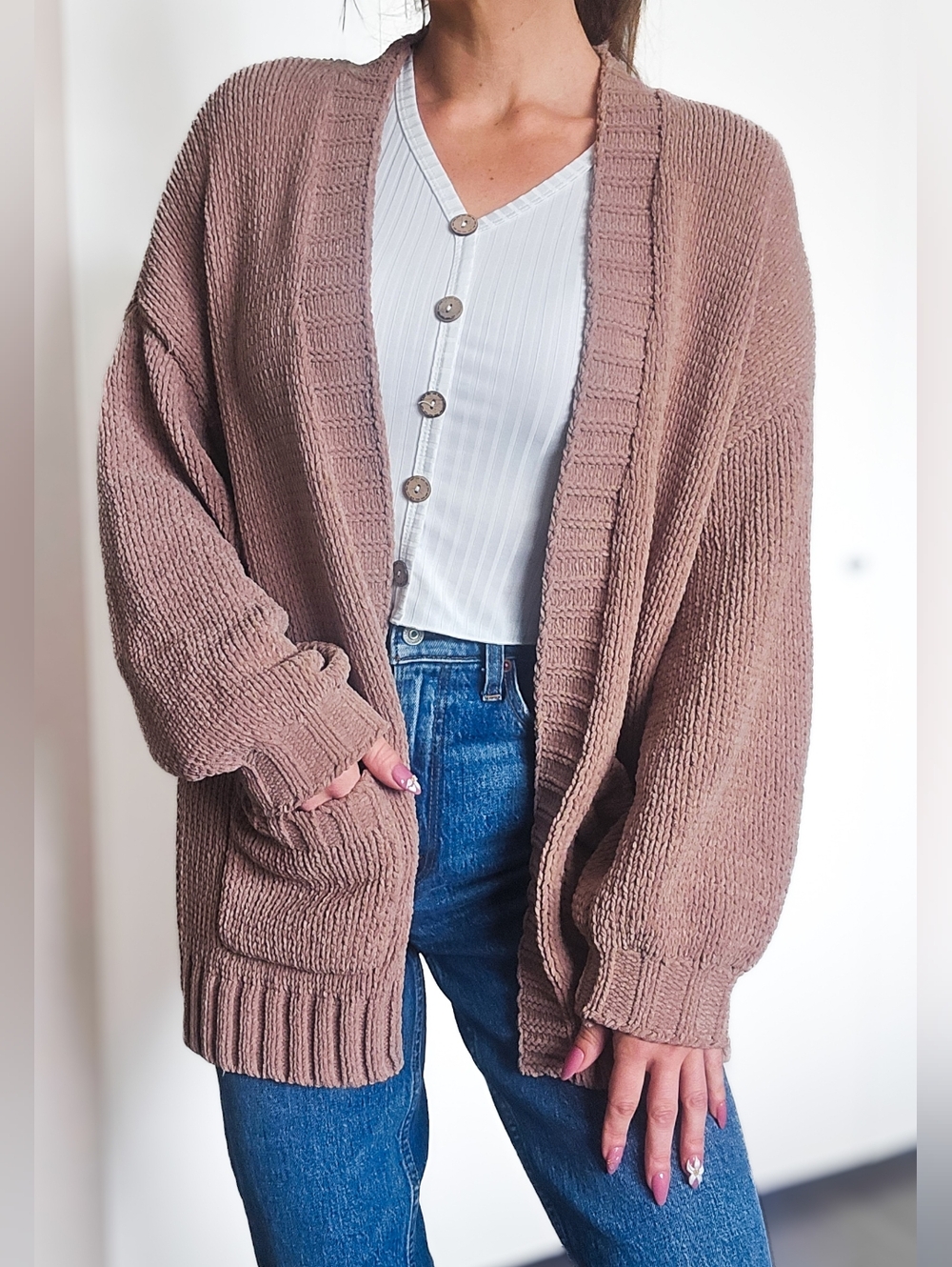 American Eagle Chunky Knit Cardigan Oversized Cozy Taupe Neutral S/M Slouchy Tan